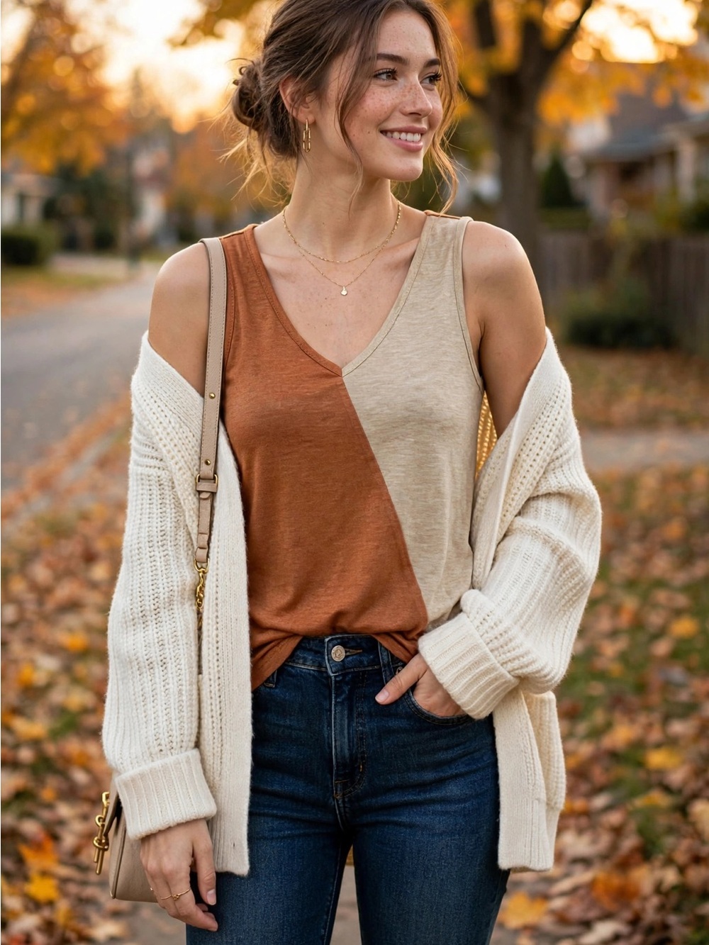 Lascana Two-Tone V-Neck Tank — Rust & Cream